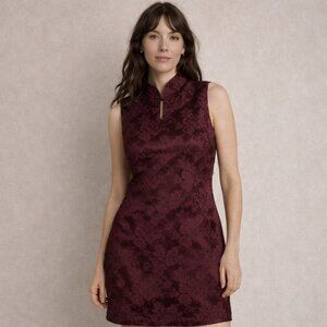 Vintage Brocade Mini Dress 7 Burgundy Floral Mandarin Collar USA Made Chic